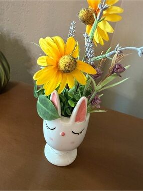 Sleepy Bunny Ceramic Vase Planter with Yellow Floral Accent